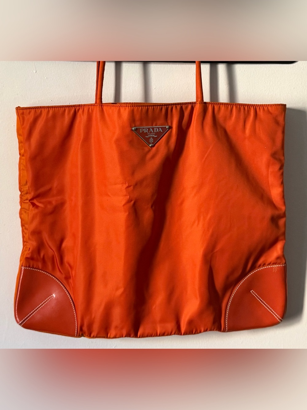 Prada Orange Nylon Tote Large Shopper Bag Leather Trim - Picture 5 of 12